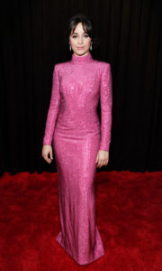 Camila Cabello on the Grammy red carpet in pink evening gown